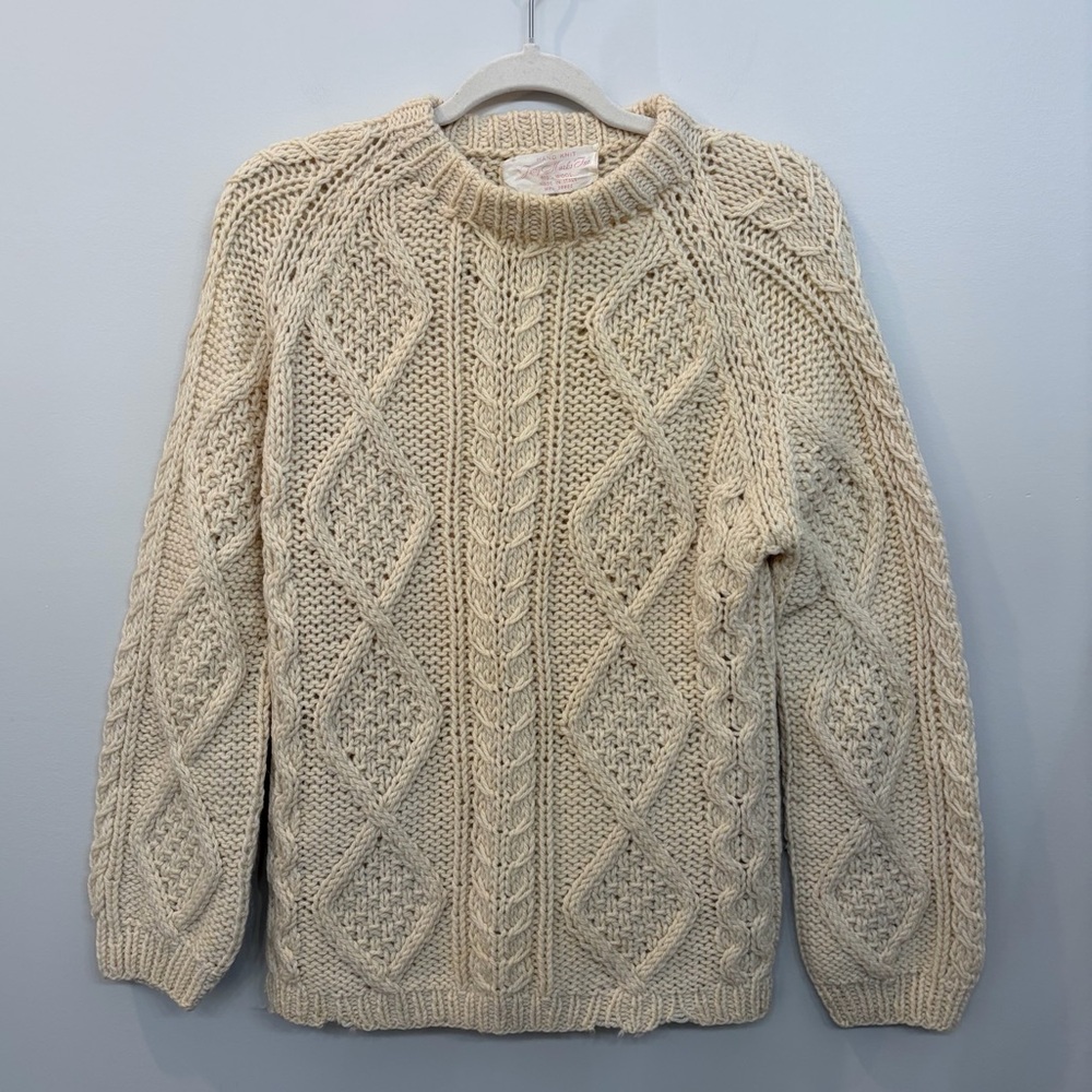 Vintage Fisherman Wool Sweater Woman’s Cableknit Cream Chunky Knit Size M